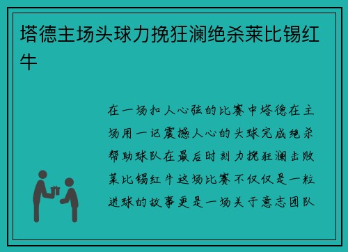 塔德主场头球力挽狂澜绝杀莱比锡红牛 塔德主场头球力挽狂澜绝杀莱比锡红牛